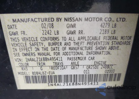 2008 Nissan Altima 2.5 S z USA, uszkodzony, nr VIN 1N4AL21E88N495411